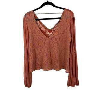 Gimmicks BKE Top Size Small String Back Lace Embroidery Orange Long Sleev V Neck